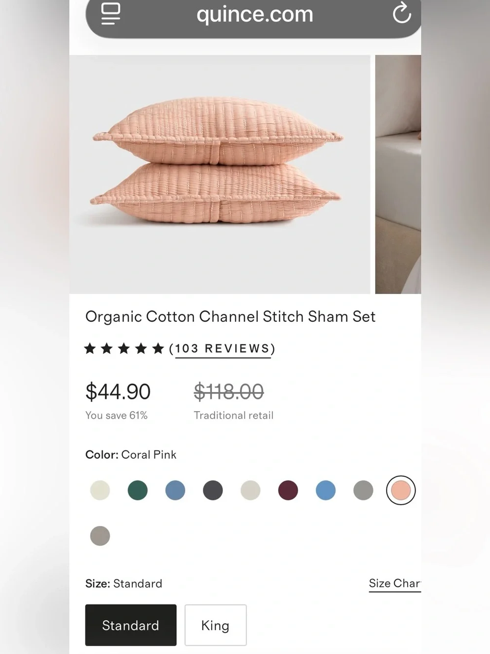 NWOT Quince Organic Cotton Channel Stitch Sham Set, Standard (Coral Pink)